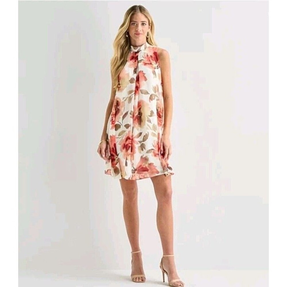 NWT Robbie Bee Women's Dress 12 Ivory Pink Floral Chiffon Sleeveless Feminine